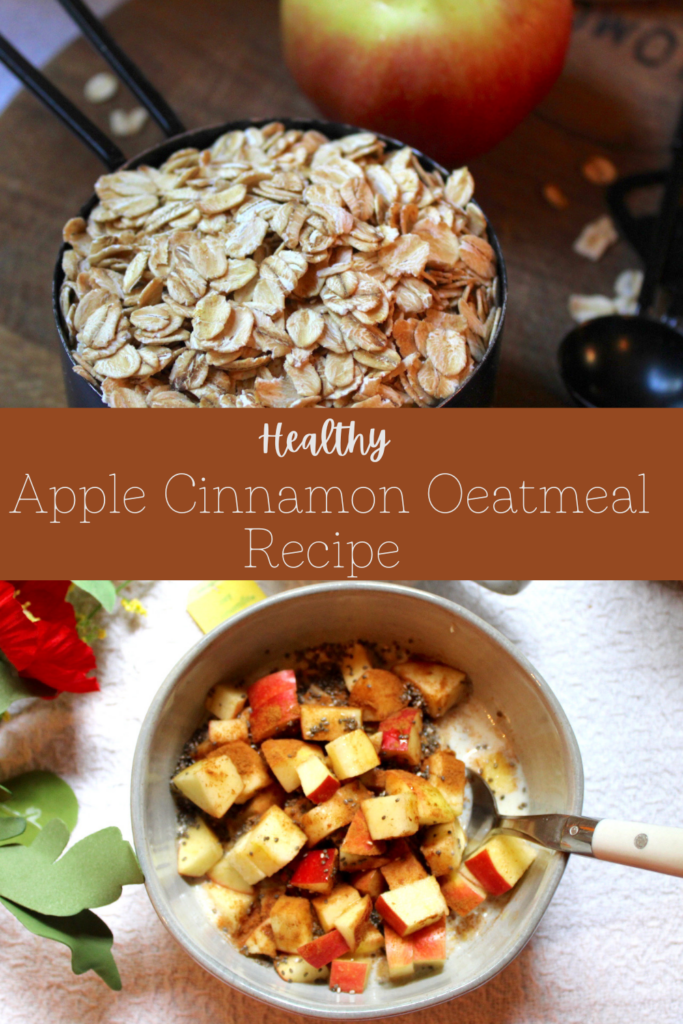 A pin for apple cinnamon oatmeal with a cup of oats and a bowl of apple cinnamon oatmeal